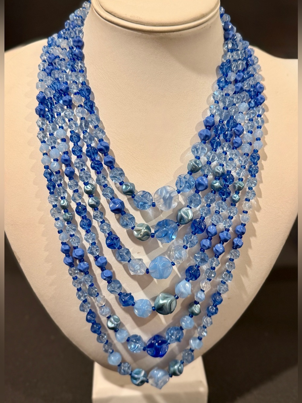 Vintage 1950s West Germany 6 Strand Blue Beaded Statement Necklace 17”-25”